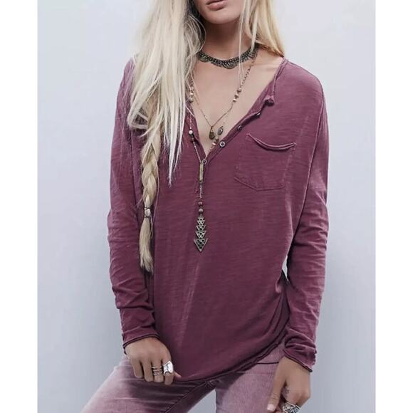 Free People Frontier Slub Knit Henley Tee Burgundy Marron Womens XS Relaxed Boho - Picture 1 of 10